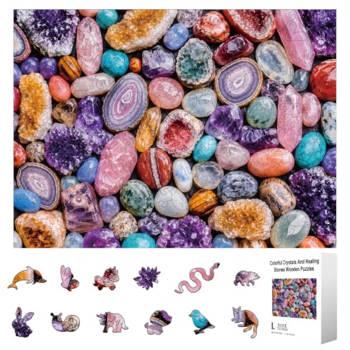300pcs Wooden Puzzles for Adults Crystals & Healing Stones | Wood Jigsaw Puzzles with Unique Animal Shaped Pieces Challenging Puzzle for Family Game Birthday Gift Home Decor - color: Crystals & Healing Stones