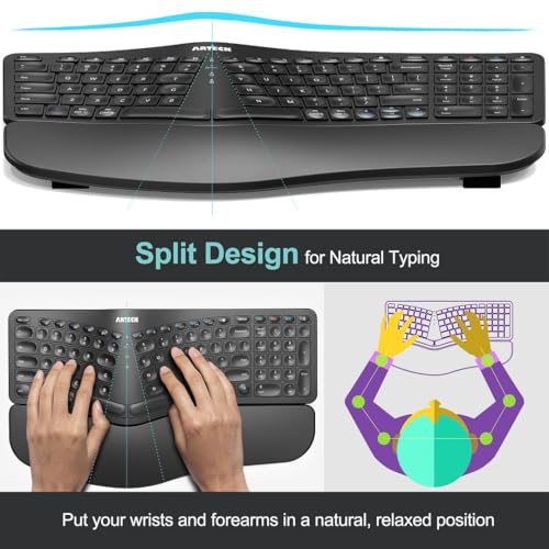 Arteck Ergonomic Keyboard with Cushioned Wrist Palm Rest, Multi-Device Wireless Bluetooth with USB-A USB-C Receiver Comfortable Ergonomic Split Keyboard, for Windows Computer Laptop PC Tablet