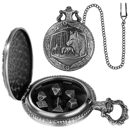 Mini DND Dice Set with Steampunk Wolf Pocket Watch Shell Case, 7pcs Polyhedral Metal D&D Dice Set, DND Gifts with Gift Box for Gamer, Role Playing Board Games Accessories, Dark Silver, Zinc Alloy - color: Dark Silver