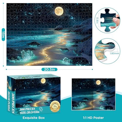 500 Piece Puzzle for Adults,Summer Moonlight Scenery Jigsaw Puzzle for Adults Seniors,Sparkling Beach Nature Landscape Puzzle with HD Print & Poster,Challenging Family Game Great Gifts,20.5 x 15In - color: Sea