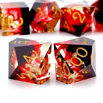 Haxtec Volcano Landscape DND Dice Set Sharp Edge Resin Polyhedral Dice, Lava &D Dice with Metal Case, Handmade Gold Flake Inside Dice Set for Dungeons and Dragons TTRPG, Red Black Gold DND Gift - color: Black Red