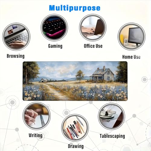 Farmhouse Extended Mouse Pad Wildflower Retro Grassland Blue Sky Mousepad XL Large Gaming Mouse Pad Laptop Keyboard Mat Desk Pad Daily Use with Keyboard and Laptop Devices 31.5x11.8 Inch - color: Farmhouse, size: 31.5L x 11.8W inches