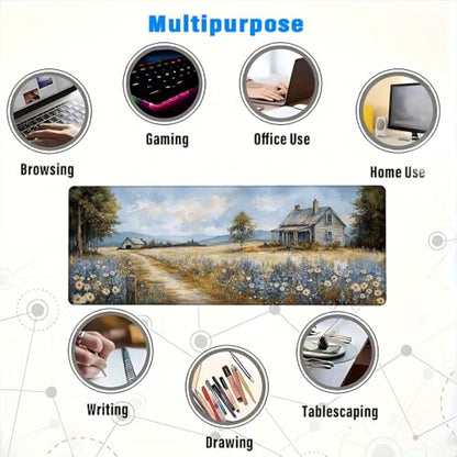 Farmhouse Extended Mouse Pad Wildflower Retro Grassland Blue Sky Mousepad XL Large Gaming Mouse Pad Laptop Keyboard Mat Desk Pad Daily Use with Keyboard and Laptop Devices 31.5x11.8 Inch - color: Farmhouse, size: 31.5L x 11.8W inches