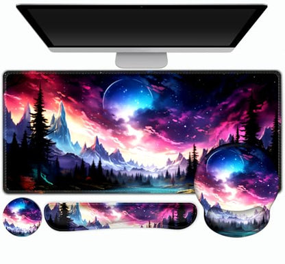 Gaming Mouse Pad, Large Desk Mat, Cute Desk Pad Protector, 4in1 XXL Mousepad + Keyboard Wrist Rest+Mouse Wrist Rest+Coaster Set with Ergonomic Desk Pad for Home Office Table Computer, Purple Hill - color: Purple Hill