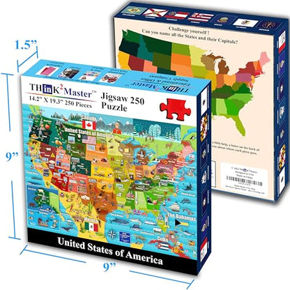 Think2Master United States Map 250 Pieces Jigsaw Puzzle. Great Gift for Adults & Seniors. Easier to Handle Larger Pieces. Size: 14.2” X 19.3” - style: Map of USA