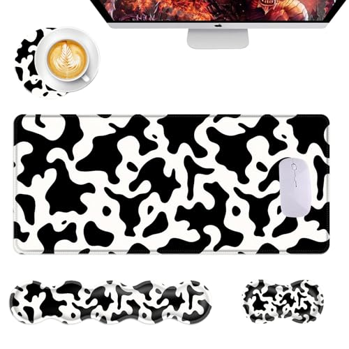 Mouse Pad,Large Desk Mat Set, 4in1 XL Mousepad + Keyboard Wrist Rest+Mouse Wrist Rest+Coaster with Ergonomic Desk Pad for Home Office Table Computer Cover -Cow Print - color: Cow Print