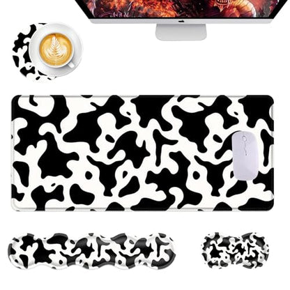 Mouse Pad,Large Desk Mat Set, 4in1 XL Mousepad + Keyboard Wrist Rest+Mouse Wrist Rest+Coaster with Ergonomic Desk Pad for Home Office Table Computer Cover -Cow Print - color: Cow Print