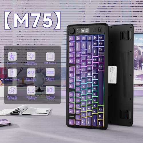 ZIYOU LANG M75 Wireless Gaming Keyboard, RGB Backlit Rechargeable 2000mAh Battery, Small Membrane But Mechanical Feel Keyboard with Smart Display & Knob, PBT Gradient keycaps for PC, MAC-Grape Purple - color: Grape Purple