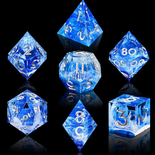 AUSTOR 7-Die DND Dice Set Handmade Sharp Edge Polyhedral Dice for Dungeons and Dragons D&D RPG MTG Table Games（Blue & Wave, Silver） - color: Blue & Wave，silver