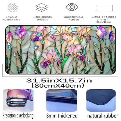 Colorful Flower Desk Mat Mouse Pad XXL, Plant Extended Large Game Mouse Pads, Desktop Mat Computer Laptop Keyboard Mat, Women's Desk Protector Mat,Desk Matt Office 31.5"X15.7" - color: Iris Flower