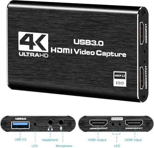Capture Card Nintendo Switch, 4K HDMI Video Capture Card, 1080P 60FPS, HDMI to USB 3.0 Capture Card for Streaming Work with Camera/Xbox/PS4/PS5/PC/OBS - color: Black