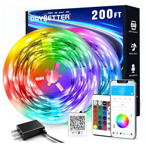 DAYBETTER LED Strip Lights 200 ft (2 Rolls of 100 ft), Smart App Control Lighting Bedroom Rome Decor with Remote, RGB Music Sync Color Changing LED Lights for Party - size: 200FT