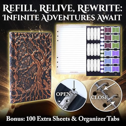 Notebook Journal, Refillable Binder for DND - 3D Tree of Life Design (A5) | A5 400 Pages (200 Sheets), Perfect for Dungeons and Dragons (D&D), Bonus Tabs and Ruler, for Players and DM's - color: Copper