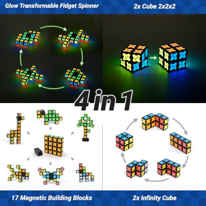 TOSY Magnet Fidget Spinner Glow - 16 Blocks, 3 in 1 Toy: Transformable Fidget Spinner, Infinity Cube, 2x2 Puzzle Cube, Glow, Stress Relief, STEM Magnet Tiles Birthday Gift for Kids/Boys/Girls/Adults - color: Glow B
