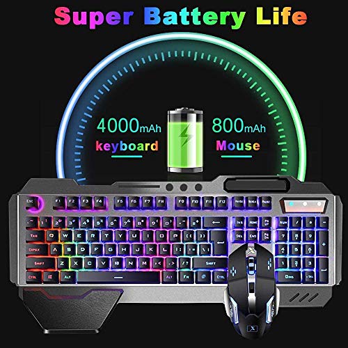 Wireless Membrane Gaming Keyboard and Mouse with Rainbow LED Backlit-Purple | Rechargeable 4800mAh Battery,Metal Panel,Ergonomic,Waterproof,Dustproof,7 Color Mute 2400 DPI Mice for Computer PC Mac Gamer - color: Purple Mixed