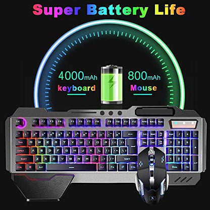 Wireless Membrane Gaming Keyboard and Mouse with Rainbow LED Backlit-Purple | Rechargeable 4800mAh Battery,Metal Panel,Ergonomic,Waterproof,Dustproof,7 Color Mute 2400 DPI Mice for Computer PC Mac Gamer - color: Purple Mixed