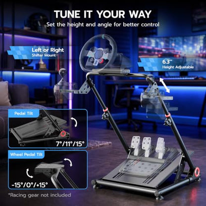 ARES WING Foldable Sim Racing Wheel Stand, Shifter Mount Simulator Cockpit | Fit Logitech G25 G27 G29 G920 G923 Thrustmaster T300 T500 T248,No Wheel/Pedals/Shifter,Black