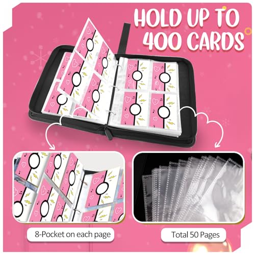 Collectible Trading Card Albums, 400 Card Holders with 50 Removable Sleeves, Portable 4 Pockets Collectible Trading Card Binder, PU Card Collection Binder for MTG, TCG, Sport Card, Game Cards - color: PETAL PINK
