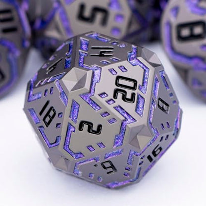 Metal DND Sci-fi Dice Set 7PCS Stripe Polyhedral Dice for Dungeons Dragons RPG Role Playing Game, Glitter D and D Dice with Gift Box D6 D8 D10 D12 D20 (Black Purple) ﻿ - color: Black - Purple