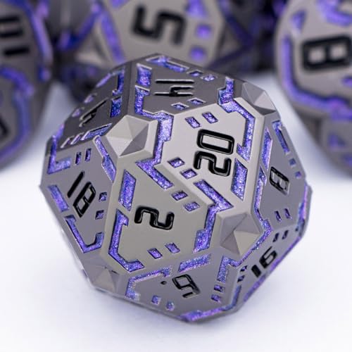 Metal DND Sci-fi Dice Set 7PCS Stripe Polyhedral Dice for Dungeons Dragons RPG Role Playing Game, Glitter D and D Dice with Gift Box D6 D8 D10 D12 D20 (Black Purple) ﻿ - color: Black - Purple
