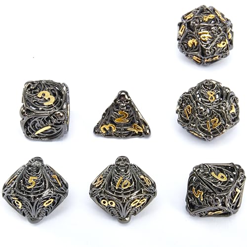 Metal Skull Dice Set Hollow Multi-Sided Dungeons & Dragons Dice 7CPS Role-Playing Dice Set with Flannel Bag Suitable for D&D Board Game Cards (Black Gold) - color: Black Gold