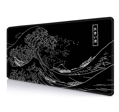 IMAYONDIA Japanese Great Wave Large Mouse Pad (35.4x15.7 in), Black Gaming Mouse Pad Anime XXL, Extended Kanagawa Mouse Mat Desk Pad, Non-Slip Rubber Base Long Computer Mice Pad - color: Japanese Great Wave