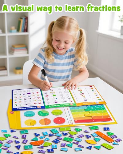 D-FantiX Large Magnetic Fraction Book, Magnetic Fraction Tiles & Fraction Circles Set with Dry Erase Activity Card, Montessori Fraction Manipulatives Learning Toys for Kids