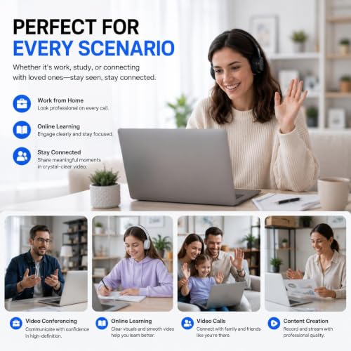 1080P Webcam with Microphone, Privacy Cover & USB-C Adapter | 105° FOV, Fixed Focus, Auto Light Correction, Plug & Play USB-A Camera with Tripod for Zoom, Teams, FaceTime and YouTube