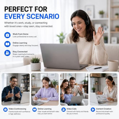 1080P Webcam with Microphone, Privacy Cover & USB-C Adapter | 105° FOV, Fixed Focus, Auto Light Correction, Plug & Play USB-A Camera with Tripod for Zoom, Teams, FaceTime and YouTube