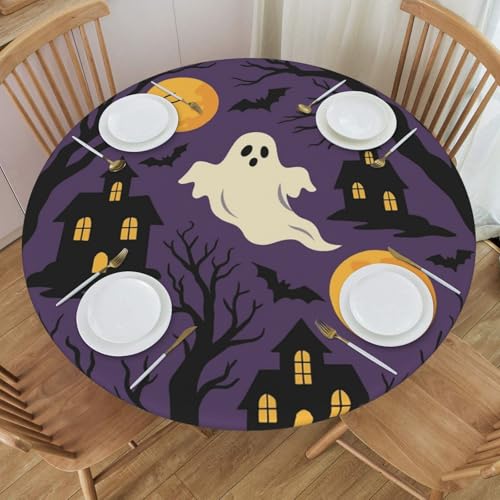 Famame Ghost Castle Purple Halloween Round Fitted Tablecloth with Elastic Protector Table Kitchen Dinner Waterproof Oil-Proof Table Covers Fits 40"-44", Small - color: Ghost Castle Purple Halloween, size: Small (40"-44")