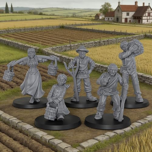 Fantasy TTRPG Village Life Scenery, 25mm Scale Unpainted Resin Civilian NPCs for Tabletop RPG Game, Townsfolk Commoner Miniatures 5pc Set - 1:64 Scale RPG Accessory, Villager NPC AS972