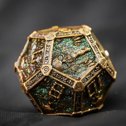 Metal DND Dice Set for D&D Dungeons and Dragons RPG Game Skull Wizard Theme Polyhedral Dice with Metal Gift Box for Dice Goblin Collectable Unique Skeleton Halloween Accessories (Green Brass) - color: Green Brass