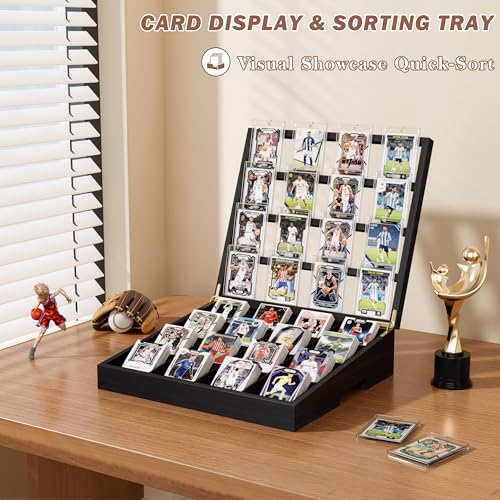 Emfogo Wooden Card Sorting Tray Trading Card Display, 16-Compartment Trading Cards Organizer with Handle Design, Cards Sorter for Sports, Trading, TCG, Game, and Collection Display, Black