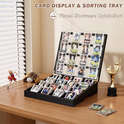 Emfogo Wooden Card Sorting Tray Trading Card Display, 16-Compartment Trading Cards Organizer with Handle Design, Cards Sorter for Sports, Trading, TCG, Game, and Collection Display, Black