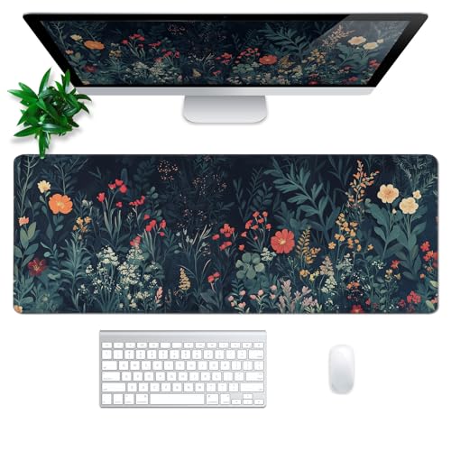 Flower Mouse Pad Abstract Big Mouse Pad 31.5x11.8 Inch Floral Texture Non-Slip Rubber Base Large Weeds Mousepad Stitched Edges Keyboard Mouse Mat Desk Pad for Office and Home - color: Flower 1