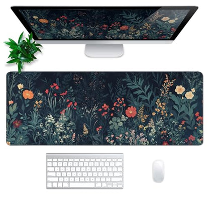 Flower Mouse Pad Abstract Big Mouse Pad 31.5x11.8 Inch Floral Texture Non-Slip Rubber Base Large Weeds Mousepad Stitched Edges Keyboard Mouse Mat Desk Pad for Office and Home - color: Flower 1