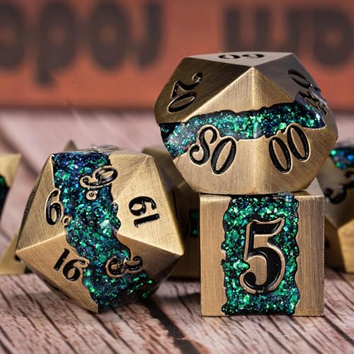 Metal Polyhedral Dice Set, 7PCS RPG Dice with Galaxy Glitter Resin Inlay for Dungeons and Dragons, Pathfinder Tabletop Role Playing Games - color: Antique Turquoise