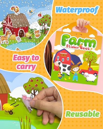Walenced Reusable Sticker Book for Toddlers, Travel Stickers for Kids, Toddler Craft Activities Toys, Birthday Gifts for Boys & Girls - style: Farm