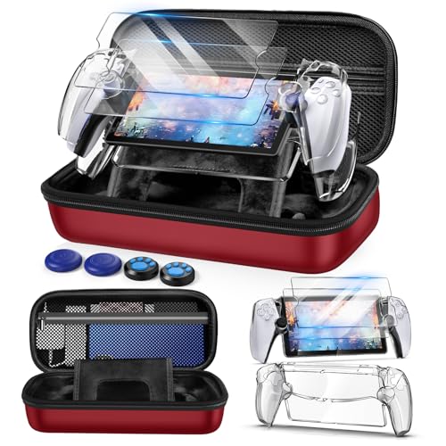 Auarte 12 in 1 Accessories Set for Playstation Portal Remote Player | Hard Carrying Case for PS Portal with Clear Skin Case for PS5 Portal, 2 Screen Protector with 4 Thumb Grip - color: Red