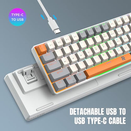 60% Mechanical Gaming Keyboard 60 Percent,LED Backlit Compact 63 Keys Mini Wired Keyboard for PC,Windows XP,Win 7/10,Vista,Me,Typist,Travel,(Grey-White-Orange, Blue Switches)