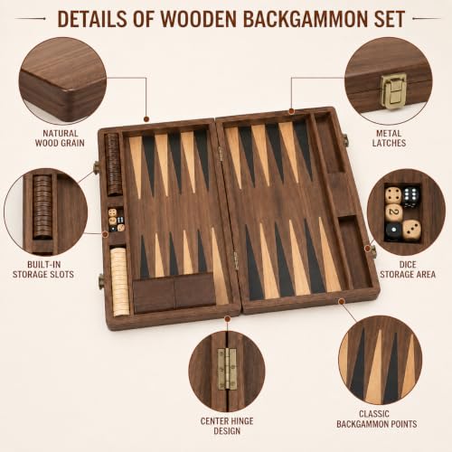 Black Walnut Backgammon Set for Adults, 14.4 x 18Inch Wooden Foldable Board Game with 30 Checkers, Dice, Doubling Cube and 2 Matching Dice Cups, Classic Travel Game Set