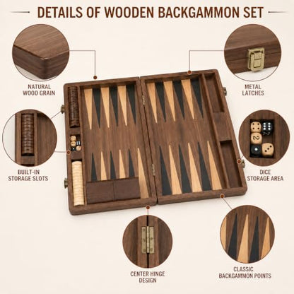 Black Walnut Backgammon Set for Adults, 14.4 x 18Inch Wooden Foldable Board Game with 30 Checkers, Dice, Doubling Cube and 2 Matching Dice Cups, Classic Travel Game Set