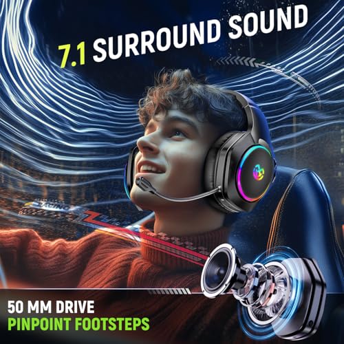 Tatybo PS5 PC용 무선 게이밍 헤드셋, 듀얼 모드, 짧은 대기 시간, 블랙 | 7.1 서라운드 사운드, 블루투스+2.4GHz 게이밍 헤드셋, FPS용 노이즈 캔슬링 마이크, 스위치, 모바일, 노트북용 40시간 - color: 블랙.