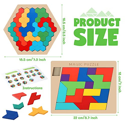 Yunsailing 3 Pack Large Wooden Blocks Puzzles Hexagon Tangram Puzzle Wooden Russian Brain Puzzles for Adult Challenge Teasers Geometric Jigsaw Logic Iq STEM Educational Gift Graduation(Fancy) - style: Fancy