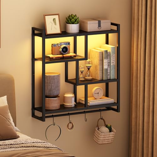 HOOBRO Gaming Floating Shelves with LED Lights, 28.7" LED Wall Mounted Shelf, 4-Tier Floating Wall Shelf for Storage, Display Rack with Hanging Bar and 4 S Hooks, for Gaming Room, Black BB37DBJ01 - color: Black