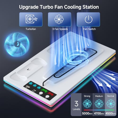 PS5/Slim/Pro Stand and Cooling Station with LED Controller Charging Station for PlayStation 5 Console,Accessories Incl.Controller Charger, PS5 Cooling Fan,USB Hub - color: Line RGB-White