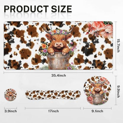 Arttown Keyboard Mouse Pad Set, 4 in 1 Desk Mat Set Highland Cow | Flower Leaves Cartoon Large Mousepad+Keyboard Wrist Rest+Mouse Wrist Rest+Coaster Ergonomic Design for Home Office Computer - color: Cute Highland Cow