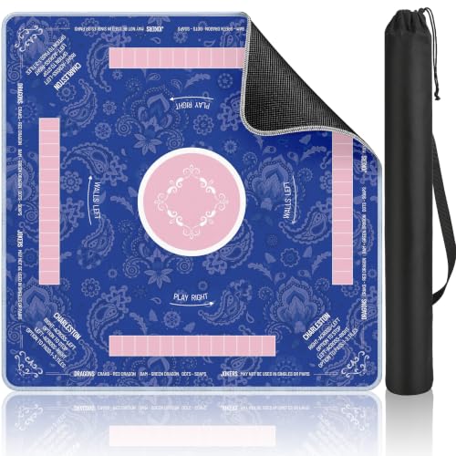 Mahjong Mat Table with Rules Mah Jong Mat Neoprene Travel Chinoiserie Floral Majong Learning Mat Instructions Mahjong Gifts Women Unique Non-Slip Rubber Pad, 31.5" x 31.5", Blue Pink - color: Blue Pink, size: 31.5" x 31.5"