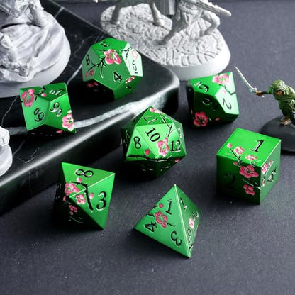 Matt Green Metal Dice Set, DNDND 7 PCS Heavy Metallic D&D Dice Set with Gorgeous Gift Case for Dungeons and Dragon Tabletop Game (Matte Green with Pink Flower) - color: Flower Green