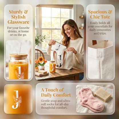 DHQH Birthday Gifts for Women, Monogrammed Gifts Box Included 16 oz Initial Glass Drinking Cup,Canvas Tote Bag, Personalized Iced Coffee Tumbler Gift for Women Her Mom Teacher Friends Sister, J - color: letter-cup-j